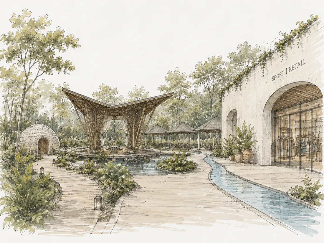 Watercolor of a reflecting pool with a pavilion and greenery