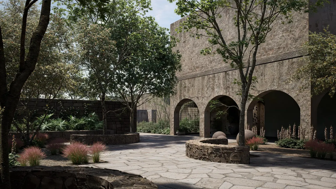 Jardín con arcos y árboles rumbo al salón