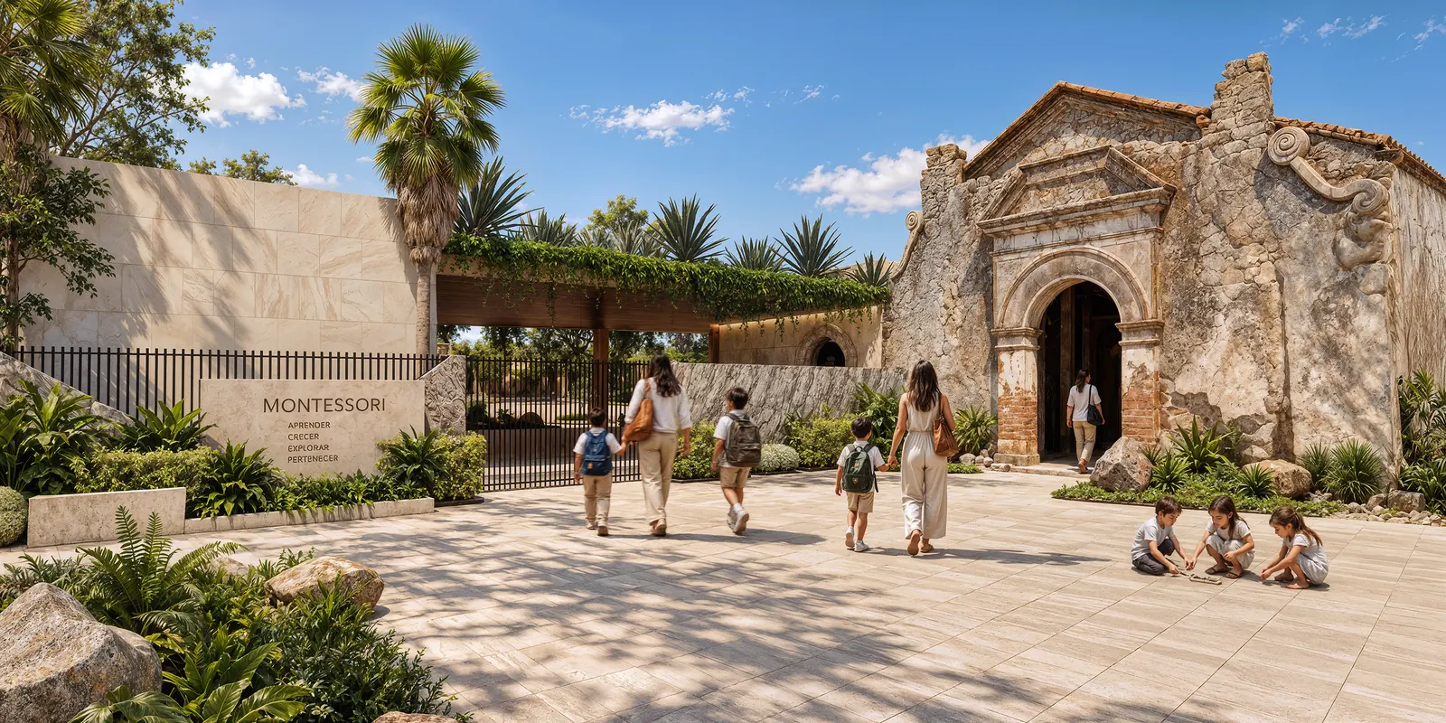 Acceso al campus en el Casco de la Ex-Hacienda Zavaleta, con familias y niños