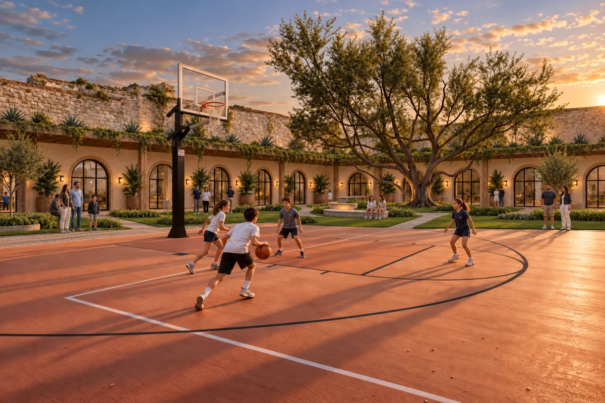 Cancha entre los muros del casco al atardecer