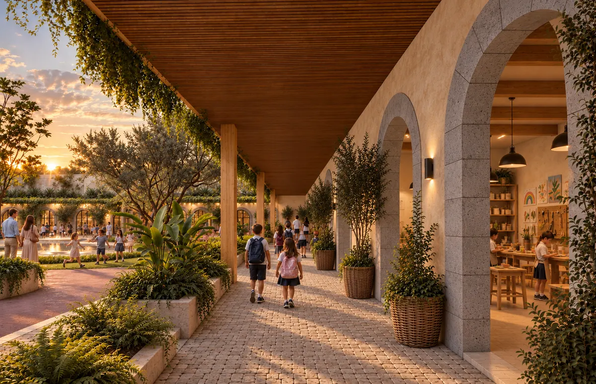 Corredor con arcos, plafón de madera y plantas