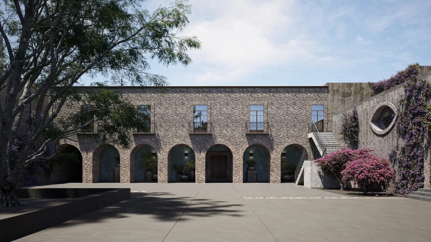 Propuesta para el patio de arcos con árboles y bugambilias
