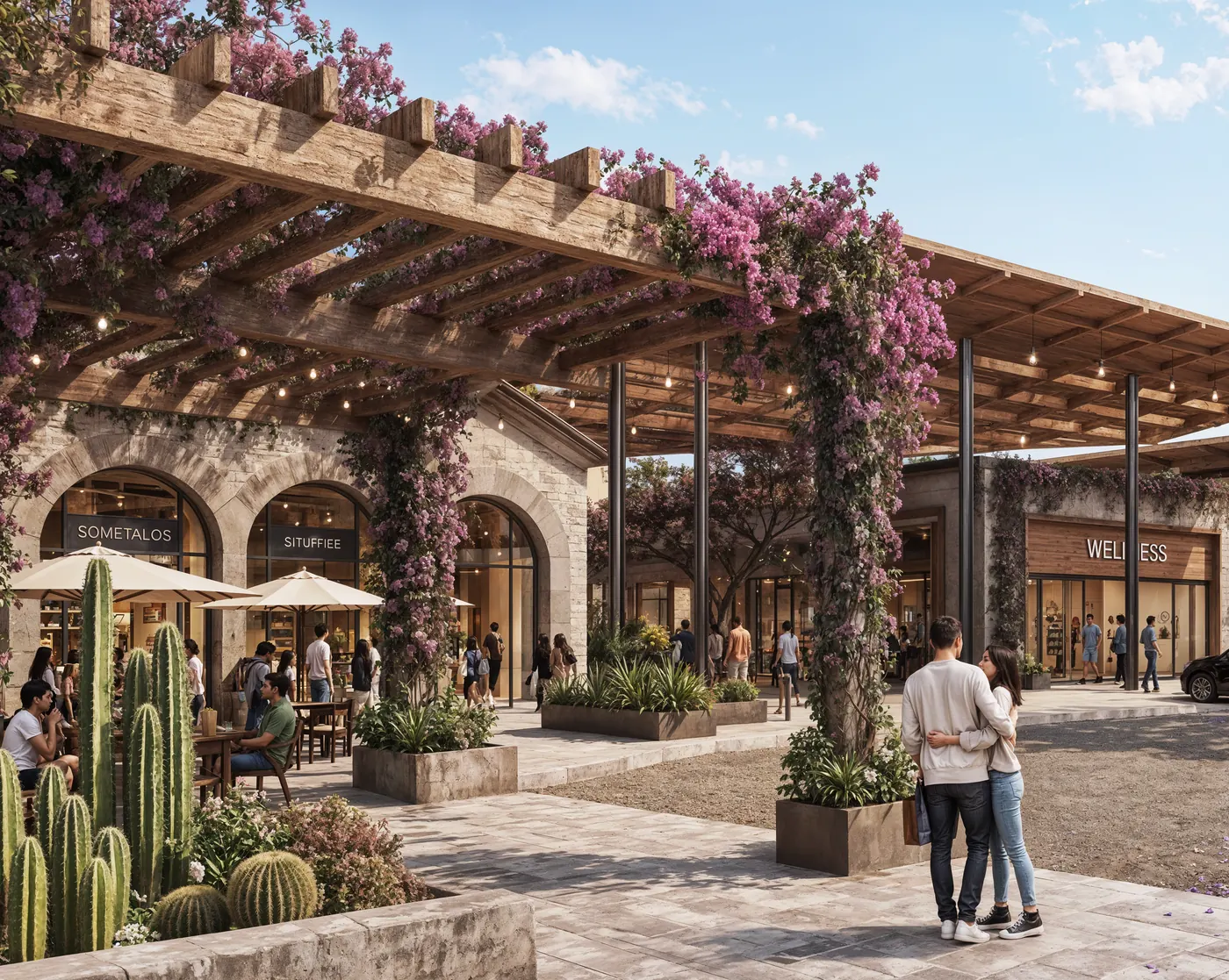 Plaza al aire libre con pérgolas y bugambilias