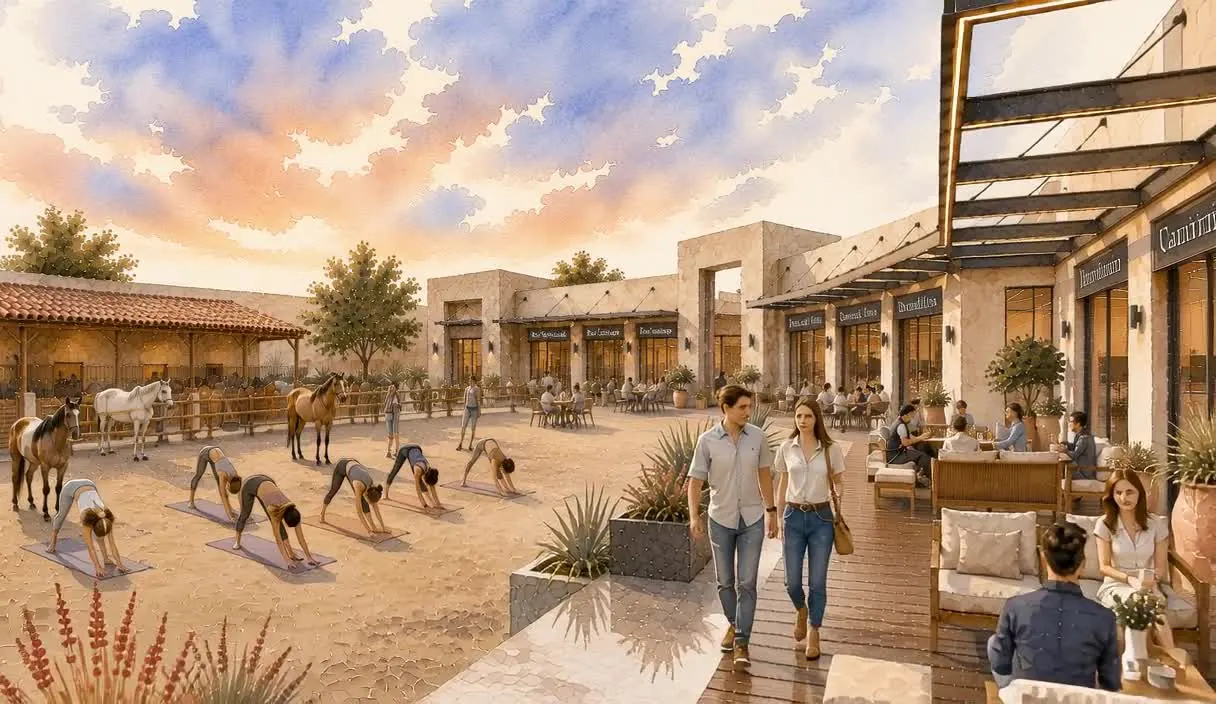 Open plaza with yoga, horses and food terraces